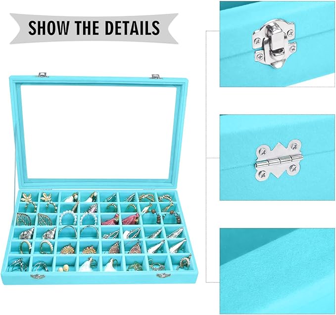 Siveit Velvet Jewelry Tray 48 Grid Jewelry Display Tray Organizer Box with Transparent Lid Rings Earrings Necklaces Pendants 
