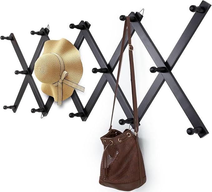 SCUNDA Wall Rack with 14 Hooks, Wooden Wall Expandable Coat Rack for Coat, Hats, Baseball Caps, Coffee Mug, Jewelry(Black)