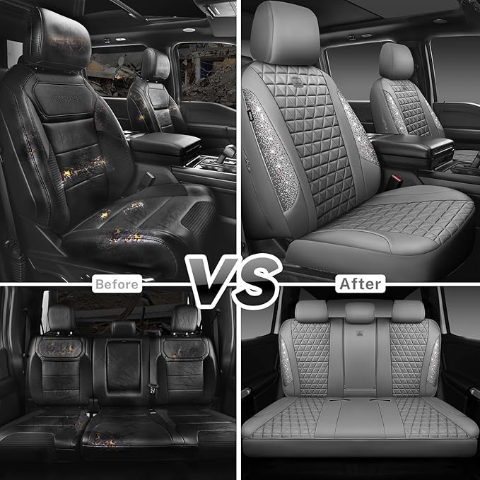 CAR PASS Bling Diamond Gray Leather Car Seat Covers Full Sets Interior Sets, Waterproof Shining Glitter Sparkly Crystal Unive