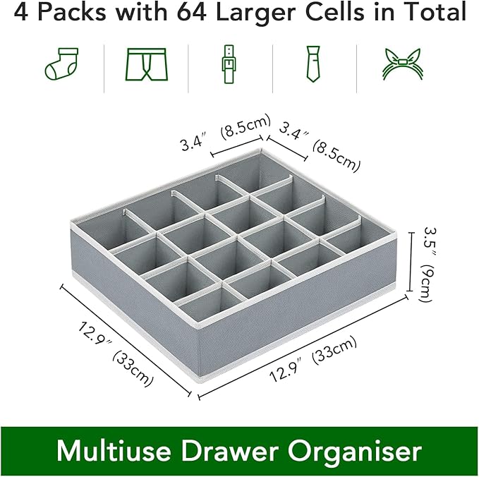 Joyoldelf Sock Drawer Organizer Divider Underwear Organizer 16-cell Fabric Dresser Drawer Organizers Storage Boxes for Socks 