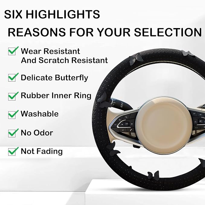 Butterfly Embroidery Steering Wheel Cover, Cute Mesh Fabric Steering Wheel Cover for Women, 14.5-15 Inch Non-Slip Breathable 