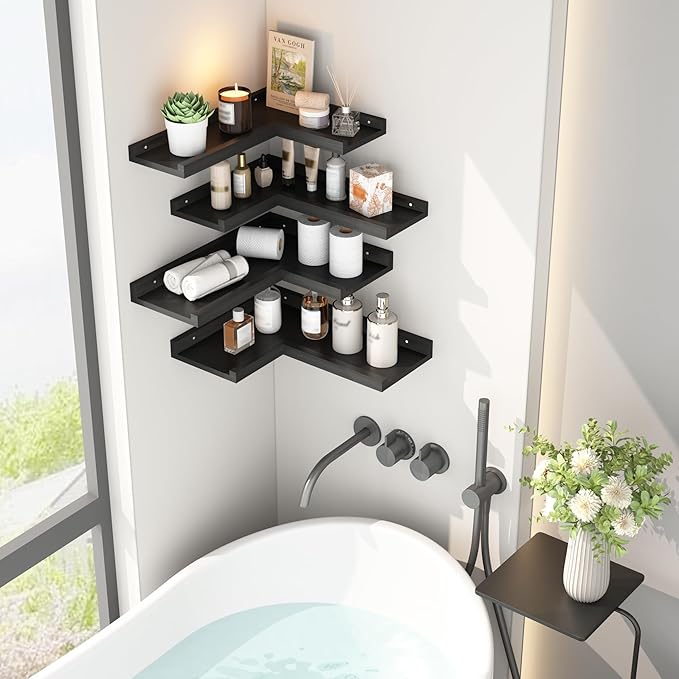 4-Tier Black Corner Floating Shelves Wall Mounted - Floating Shelves with Lip, Solid Pine Wooden Corner Wall Shelf for Wall D