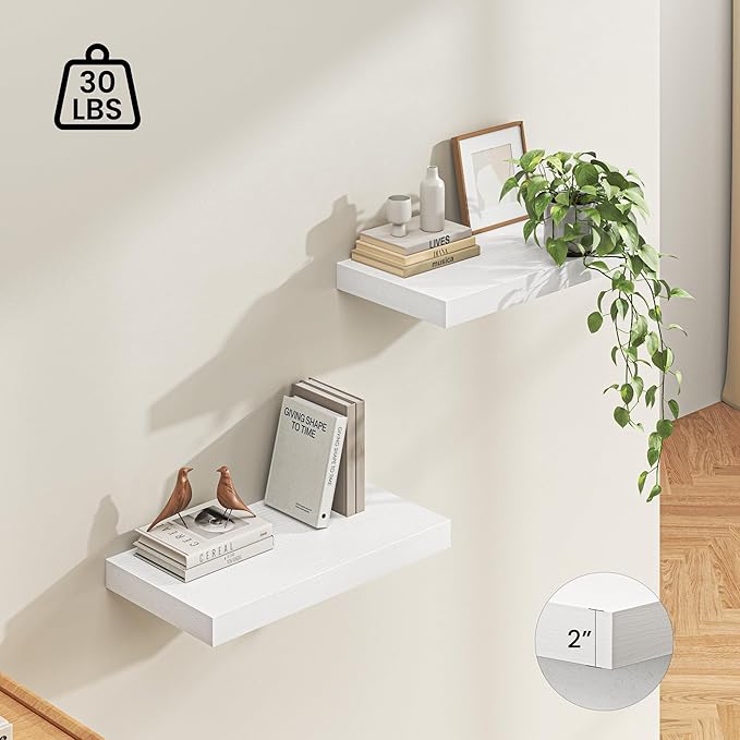 Dreamland 24" Floating Shelves for Wall, 12" Deep Thicker White Floating Shelves, Wall-Mounted Shelves for Bedroom, Living Ro