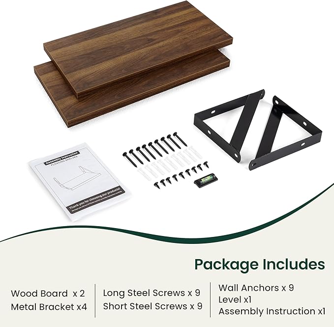 Floating Shelves, 8 Inch Deep Rustic Wood Wall Storage, 16W x 8D Wall Shelves Set of 2, Heavy Duty Metal Brackets, Industrial