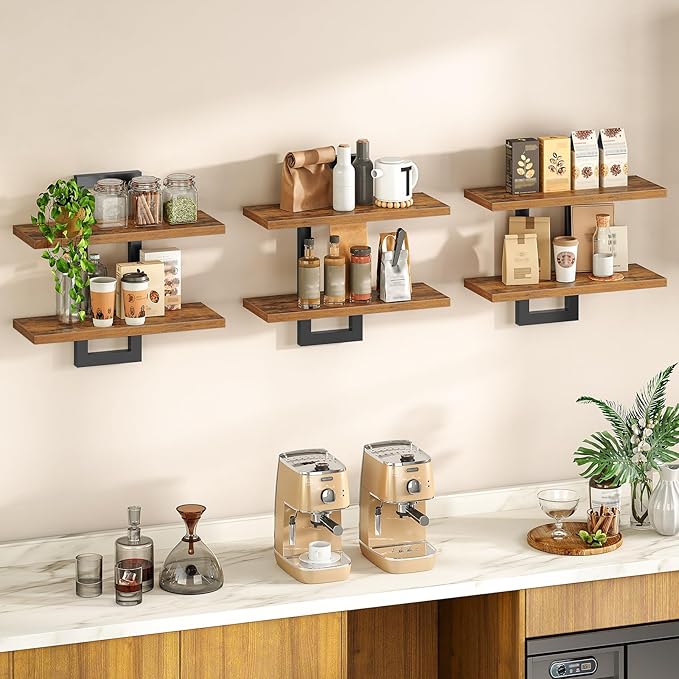 HOOBRO Floating Shelves, 15 Inch Wall Shelf Set of 3, Wall Mounted Storage Shelves 2-Tier, Hanging Bathroom Shelves, for Livi