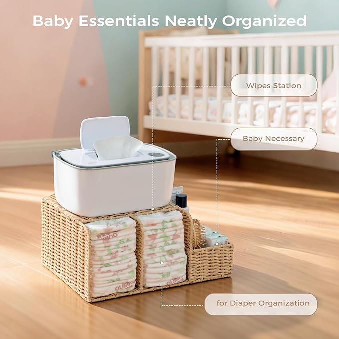 Diaper Caddy Organizer, Hand Rattan Nursery Storage Basket for Baby Essentials, Baby Changing Table Organizer Perfect Nursery