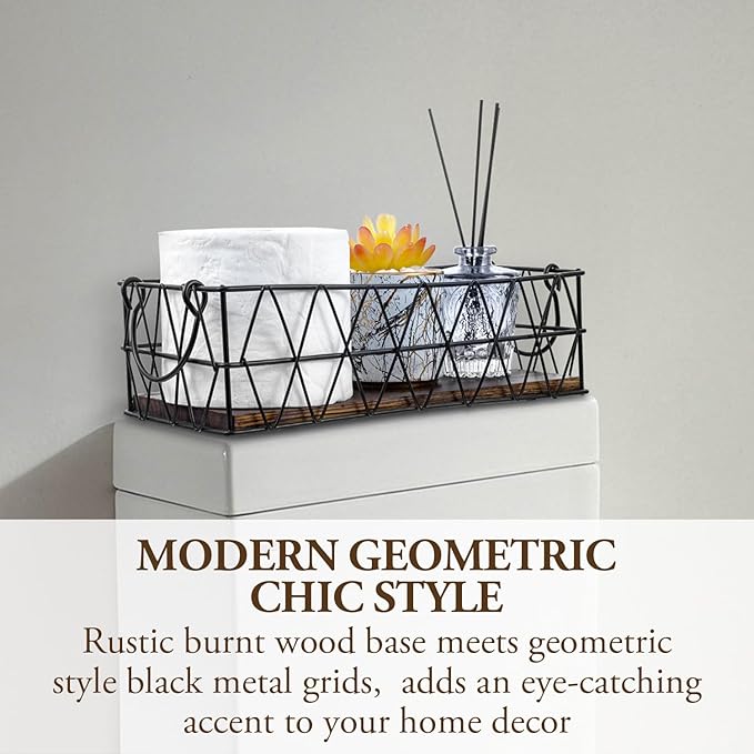 MyGift 2 Piece Wall Mounted Black Geometric Metal Nesting Storage Basket with Rustic Solid Burnt Wood Base, Small Tabletop De