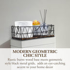 MyGift 2 Piece Wall Mounted Black Geometric Metal Nesting Storage Basket with Rustic Solid Burnt Wood Base, Small Tabletop De