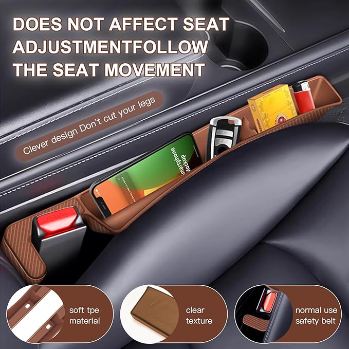2PCS Car Seat Gap Filler Organizer,Multifunctional Car Gap Fillers with USB and Phone Holder, Universal Car Seat Storage Organizer Between Seats for Phone, Keys, Eyeglasses(Brown)