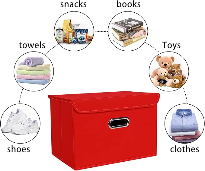 Linen Fabric Foldable Collapsible Storage Cube Bin Organizer Basket Fabric Storage Bins with Lid, Leather Handles, Removable 