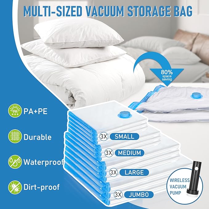 Vacuum Seal Bags for Clothing Travel with Rechargeable Air Pump, 12 Pack of 4 Carry-on Size Space Saver Vacuum Storage Bags, 