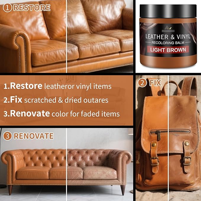 Leather Recoloring Balm with 100ml Mink Oil, Light Brown Leather Repair Kit and Scratch Remover for Furniture, Car Seats, Sof