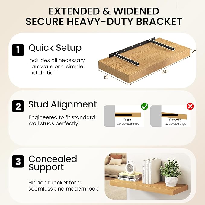 Oak Floating Shelves 48Inch Long, 12 Inch Deep Floating Shelves for Wall, 48 x 12 Large Floating Shelf for Fireplace Mantel, 