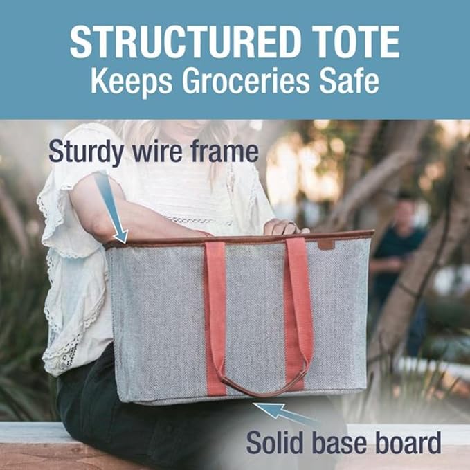 CleverMade Collapsible LUXE Tote - Reusable Grocery Shopping Storage Bag Organizer w/Handles Reinforced Bottom