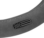 Cat® US Flag Leather Steering Wheel Cover w Metal Flag Emblem, Grey Leatherette, Standard 14.5–15.5 Inch, Non Slip Comfort, Car Steering Wheel Cover for Auto Truck SUV, Amiercan Flag Car Accessories