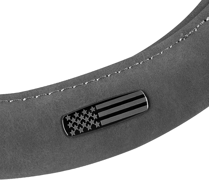 Cat® US Flag Leather Steering Wheel Cover w Metal Flag Emblem, Grey Leatherette, Standard 14.5–15.5 Inch, Non Slip Comfort, Car Steering Wheel Cover for Auto Truck SUV, Amiercan Flag Car Accessories