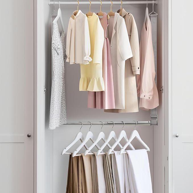 Hanging Closet Rod, 17-28In Width and Up to 32In Height Closet Extender, Double Hanging Bar with Powder-Coated Metal Pole and
