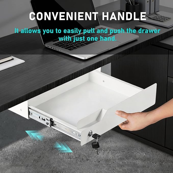 Under Desk Drawer Storage with Lock, 16"x11.8"x3.6", Metal Undermount Table Drawer, Ball Bearing Slides Out Tray Organizer fo