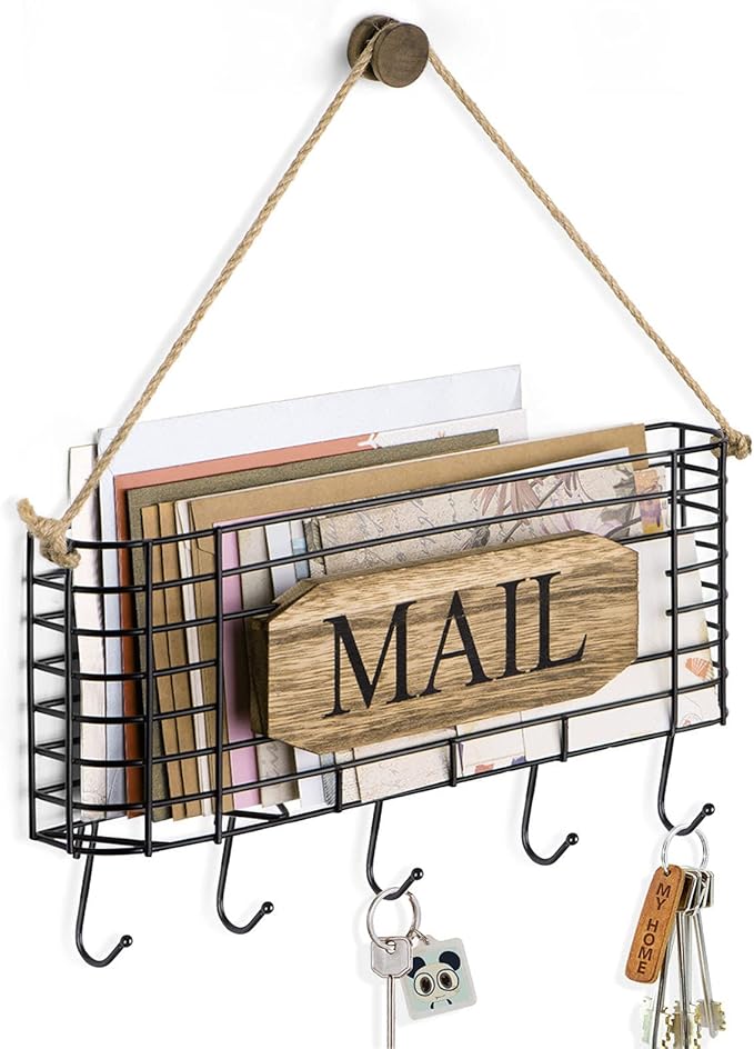 SRIWATANA Mail Holder, Rustic Mail Organizer Wall Mount Hanging Mail Sorter Letter Basket with 5 Key Holder for Wall, Large, 