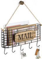 SRIWATANA Mail Holder, Rustic Mail Organizer Wall Mount Hanging Mail Sorter Letter Basket with 5 Key Holder for Wall, Large, 