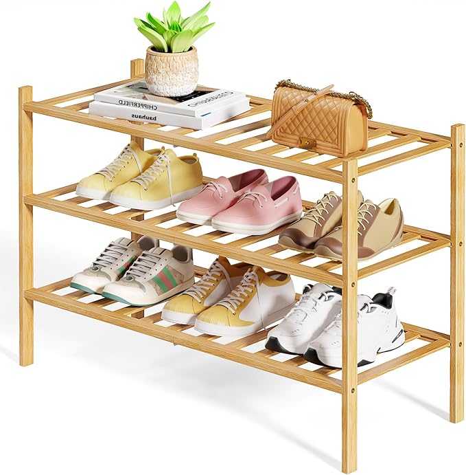 Kitsure Bamboo Wooden Shoe Rack for Closet - Stackable Shoe Organizer with Modular Structure, Space-Saving Shoe Shelf for Ent