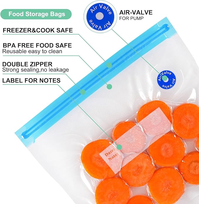 Sous Vide Bags 31 Pcs (24 Pcs Vacuum Zipper Bags & 2 Seal Clips & 5 Air Valves), Reusable BPA Free Vacuum Sealer Bags (13 * 1