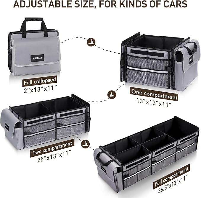 HIRALIY 4 in 1 Car Trunk Storage Organizer with Leakproof Cooler Bag, Multi-Compartment Foldable Trunk Storage Box for Car Truck SUV Gray