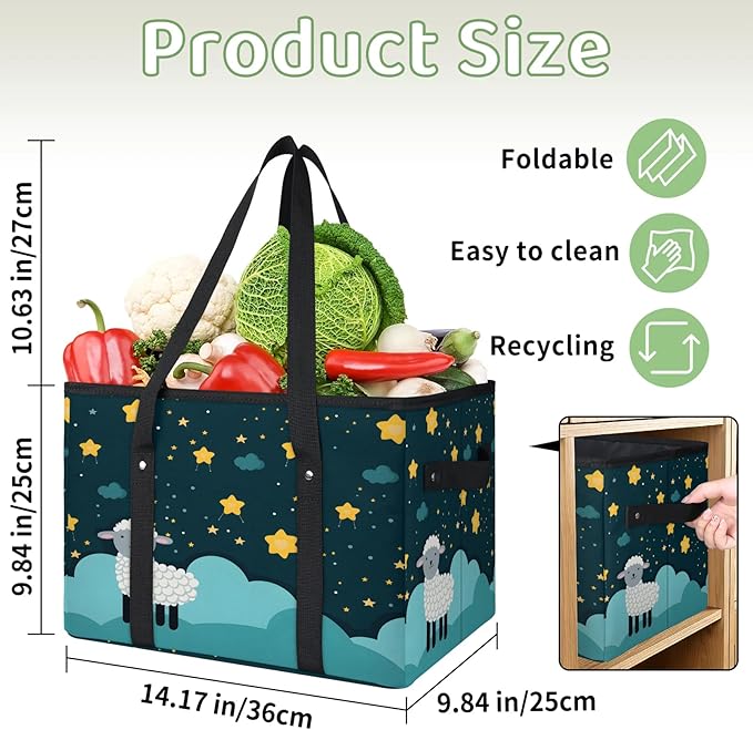 Reusable Grocery Bags Heavy Duty Shopping Bags Foldable Large Tote Bags with Long Handles & Hard Bottom