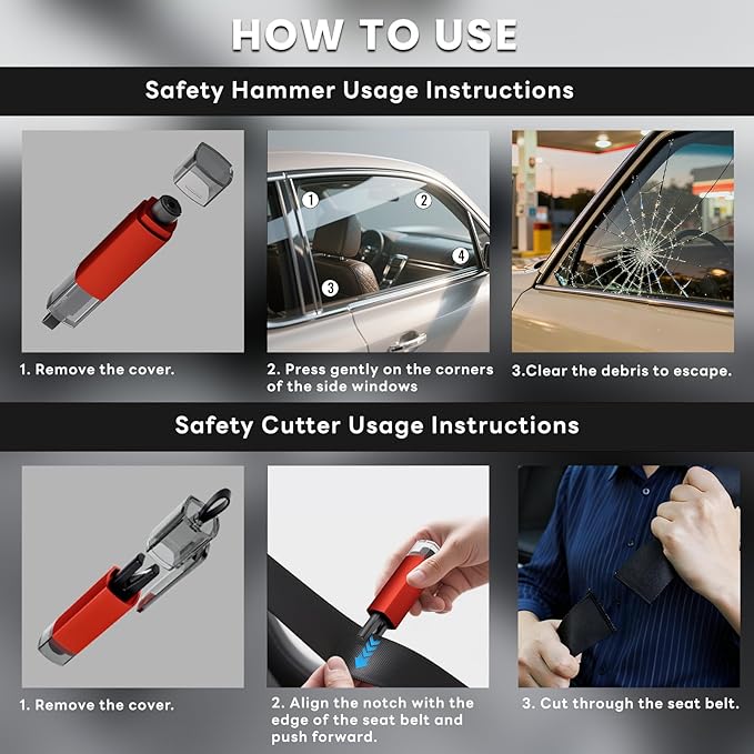 4PCS Window Breaker Seatbelt Cutter Car Safety Hammer, 2-in-1 Glass Breaker and Seat Belt Cutter with Test Glass, Underwater 
