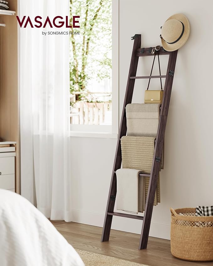 VASAGLE Blanket Ladder Shelf, 6-Tier Ladder Rack for Storage and Decor with 4 Removable Hooks, Decorative Farmhouse for The L