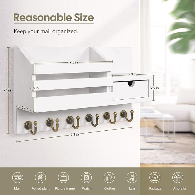 FifthQuarter Key Holder Wall Mount: Key and Mail Holder for Wall with 6 Hooks and Storage Drawer, Easy Installation Key Rack 
