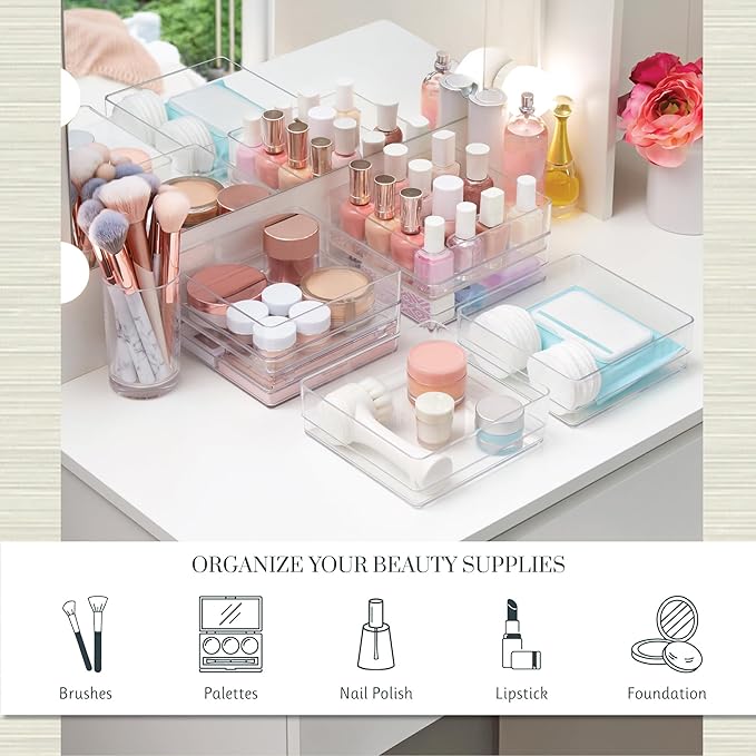 STORi SimpleSort 6-Piece Stackable Clear Drawer Organizer Set | 6" x 6" x 2" Square Trays | Small Makeup Vanity Storage Bins 