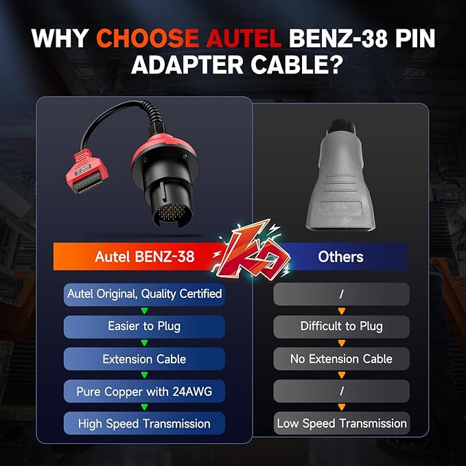 Autel Original BENZ-38 PIN Adapter, 38 Pin Male to 16 Pin Female OBDII Connector Compatible with Mercedes-Benz Pre-2001, Work