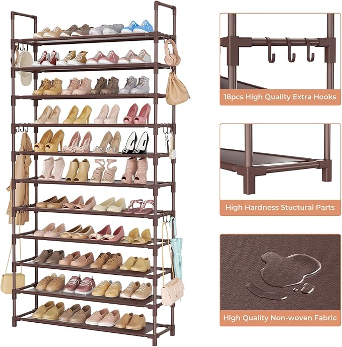 LANTEFUL 11 Tiers Tall Shoe Rack Holds 55 Pairs of Shoes with 18pcs Hooks Sturdy Wide Shoe Organizer Storage Free Standing Me