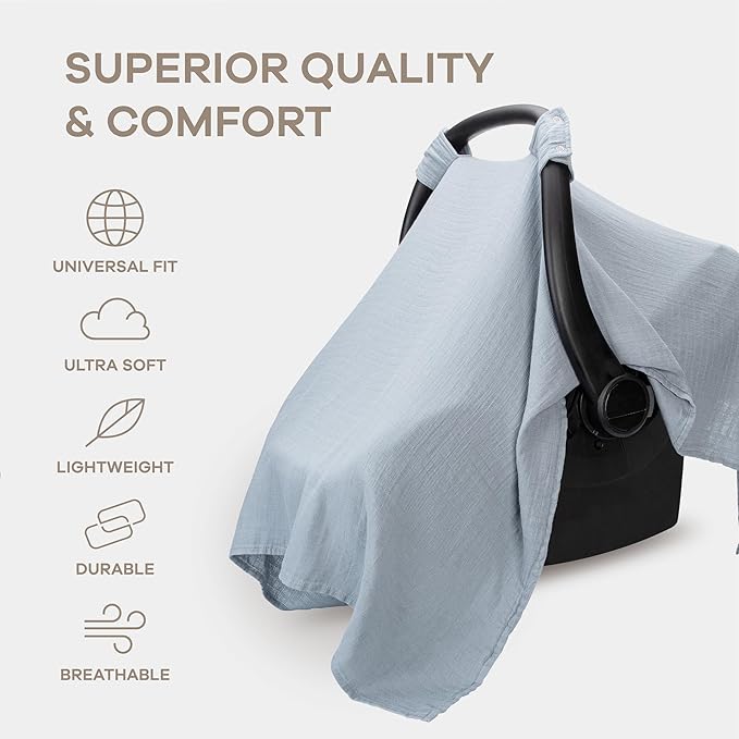 Comfy Cubs Baby Car Seat Cover - Soft, Breathable Bamboo Rayon and Muslin Cotton Blend - Lightweight Canopy for Sun, Bug, and