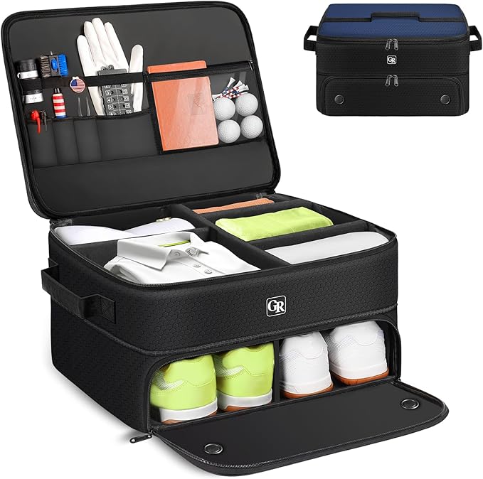 Odor-Absorbing 2-Layer Large Golf Trunk Organizer with Activated Carbon Fabric - Water-Resistant Golf Shoe Bag for Shoes Balls Tees Clothes