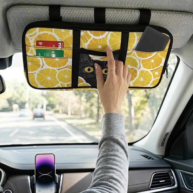 Lemon Black Cat Tactical Sun Visor Organizer,Car Accessories with Zipper Visor Storage Pouch, Adjustable Straps for SUV Truck