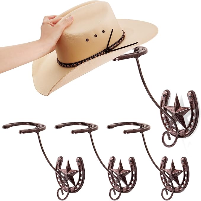 Cowboy Hat Organizer Rack for Wall 4 Pack Metal Cowboy Hat Holder Wall Mounted Iron Western Wall Decor Horseshoe Hat Hanger f