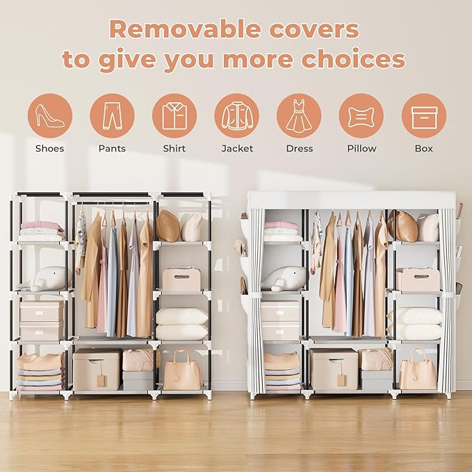 VTRIN Portable Closet Wardrobe for Hanging Clothes 57.3 Inch Large Capacity Clothes Rack with Cover, 10 Storage Organizer She