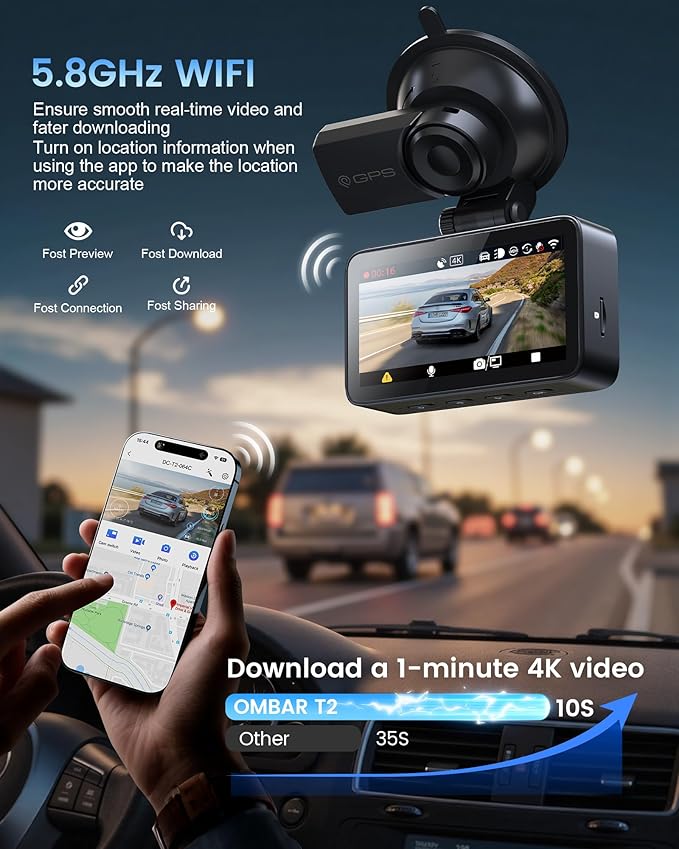OMBAR Dash Cam Front and Rear, 4K/2.5K Ultra HD Dash Camera for Cars, Included 64GB Card, Built-in 5G Wi-Fi & GPS, 3.16” IPS 