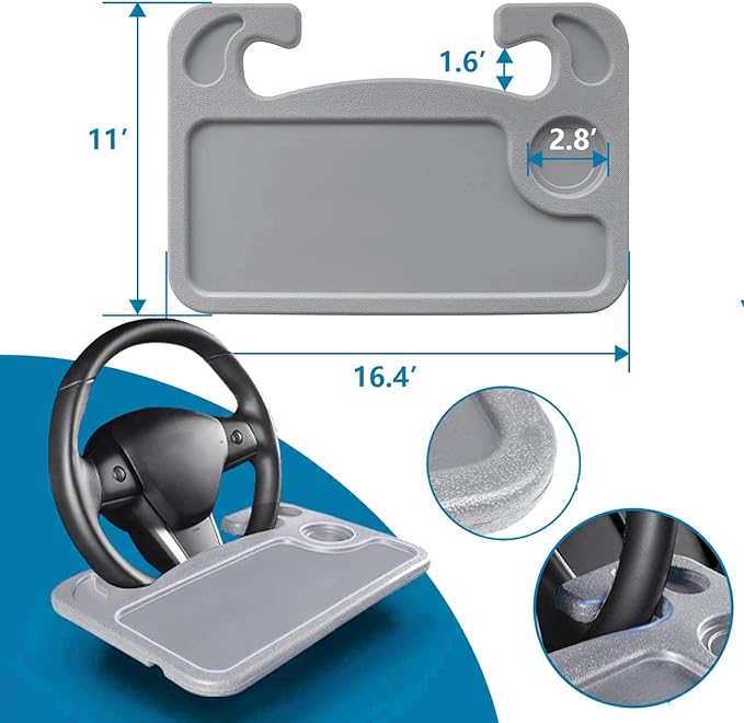 HORRY Steering Wheel Tray Universal Double-Sided Car Food Trays for Eating Reading Car Tray Table for Travel Cup Holder Desk for Driver Car Laptop Mount (Gray)