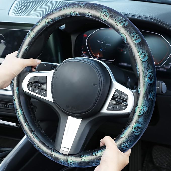 Embossed Skull Steering Wheel Cover, Skull Car Accessory, Microfiber Leather with Anti-Slip Lining, Fits 14.5"-15" Steering Wheels (Black Blue Silver)