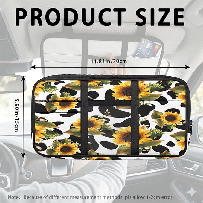 Car Sun Visor Organizer,Cow-Print Sunflower Auto Interior Accessories Pocket Organizer Glasses Clip， Truck SUV Storage Pouch Holder with Double Zipper Pockets
