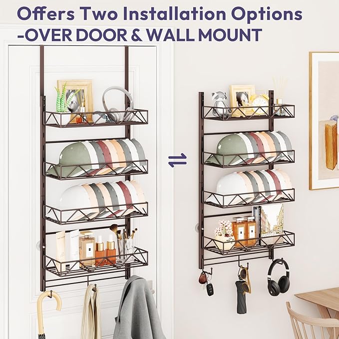 SWTYMIKI Over Door Hat Organizer - 5 Tier Wall Mounted Hat Rack with 4 Adjustable Metal Basket and 3 Hooks, Hanging Baseball 