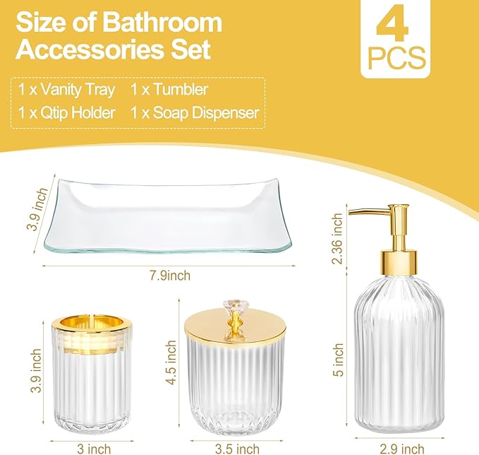 Gold Bathroom Accessories 4Pcs of Glass Bathroom Counter Organizer Set,Toothbrush Holders, Soap Dispenser, Apothecary Jar, Va