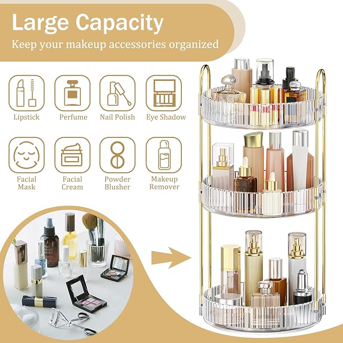 MOKANI 360 Rotating Makeup Organizer for Vanity, 3 Tier Adjustable Perfume Organizer for Dresser, Multi-Function Spinning Cos