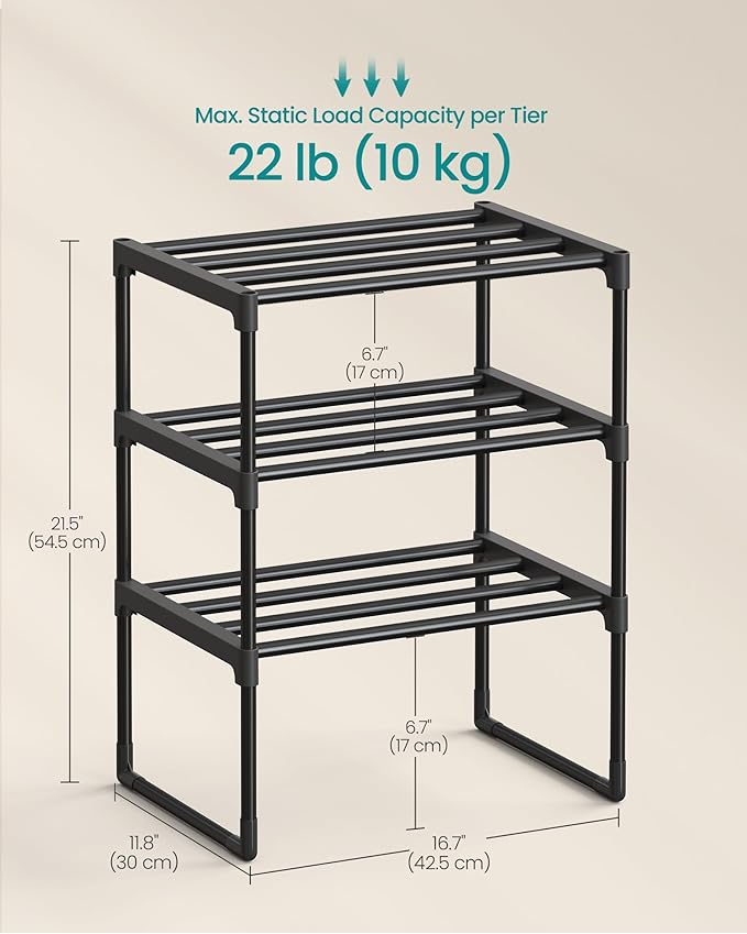 SONGMICS Shoe Rack, 3-Tier Shoe Organizer, Metal Storage Shelf, Upright or Upside Down, for 4-8 Pairs, Stackable, for Entrywa