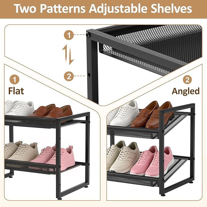 Expandable Shoe Rack, 2 Tier Adjustable Shoe Organizer with Flat & Slant Dual Use Design, Space Saving Shoes Stand for Closet