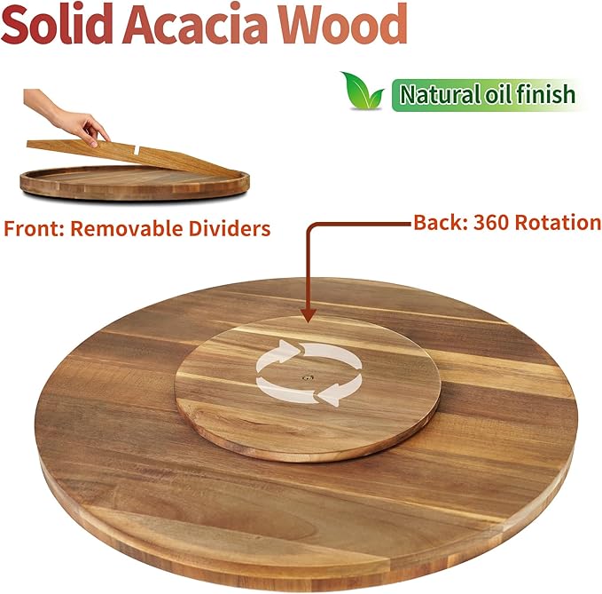 Utoplike Large Acacia Lazy Susan for Table Top, Rotating Round Serving Tray, 17.7'' Wood Charcuterie Board with Raised Edge a