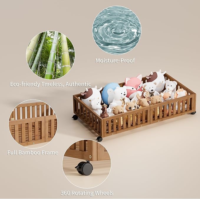 Bamboo Under Bed Storage with Wheels,Rolling Underbed Shoe Organizer Box for Shoes,Blankets,Toys,Clothes Container Space-Savi